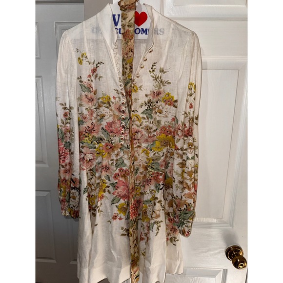 Zimmermann  Matchmaker Floral Linen Belted Mini Dress White Pink Yellow Size 8 - Picture 7 of 11